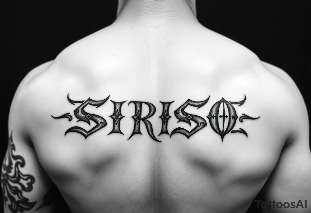 Tribal font like Dave Bautista tattoo saying “SIRISO” on bicep tattoo idea