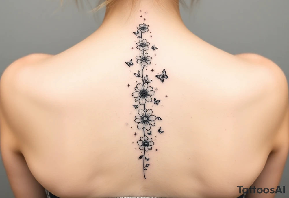 Flowers vertically down the spine surrounded by small butterflies and sparkles

Less flowers tattoo idea