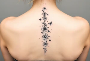 Flowers vertically down the spine surrounded by small butterflies and sparkles

Less flowers tattoo idea