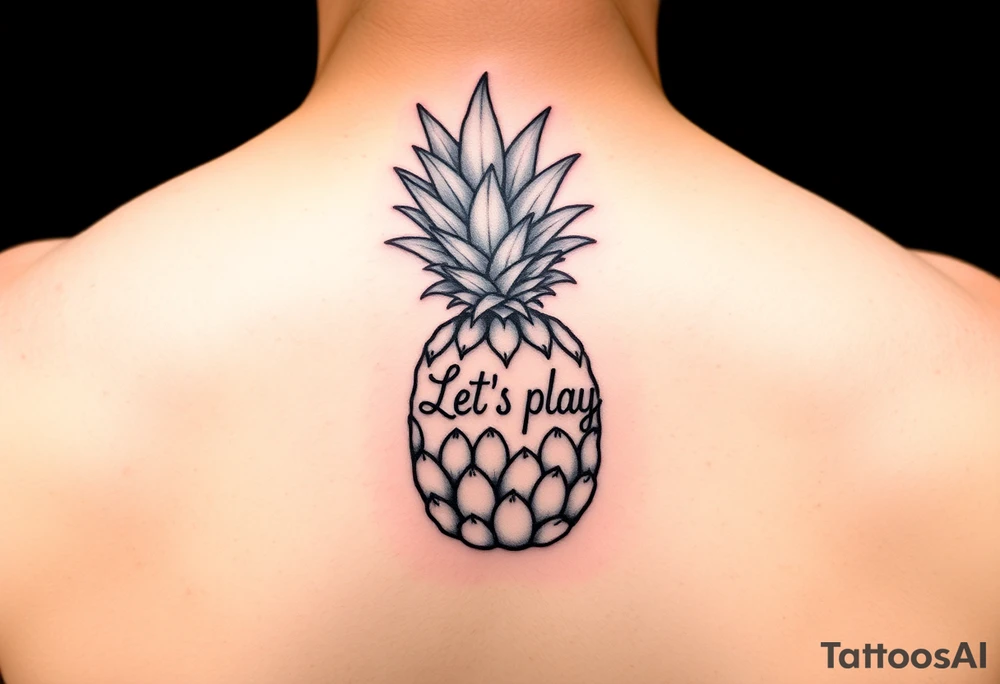 A black ink wrist tattoo featuring a realistic yet minimalistic pineapple. The pineapple is finely detailed with clean, precise lines, capturing the natural texture of the fruit while keeping the design subtle and uncluttered. Inside the body of the pineapple, the phrase "Let's play" is clearly placed in a bold but not overly thick font, ensuring readability while maintaining balance with the overall design. The leaves of the pineapple have a fine-line style with slight variations in thickness for a natural feel. The tattoo blends fine details with subtle bold elements, creating a clean and modern aesthetic. tattoo idea