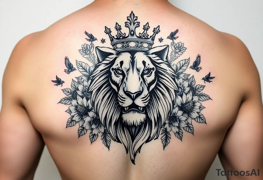 powerful majestic lion with a crown, surrounded by floral ornaments and birds tattoo idea
