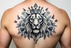 powerful majestic lion with a crown, surrounded by floral ornaments and birds tattoo idea
