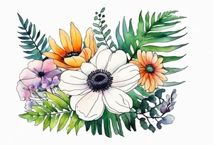 Multicolored wild flower bouquet with ferns and white anemone all watercolor tattoo idea