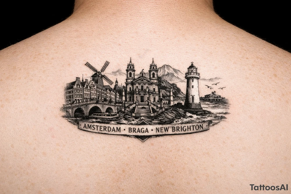I wanted arm tattoo that reminds me of my three favourite places. I've lived the cities of Amsterdam and Braga and New Brighton in Wallasey tattoo idea