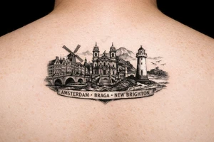I wanted arm tattoo that reminds me of my three favourite places. I've lived the cities of Amsterdam and Braga and New Brighton in Wallasey tattoo idea