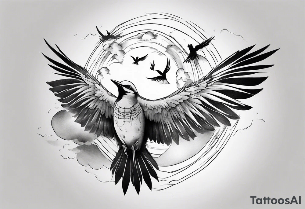 shoulder tattoo with light rays with birds flying free among the clouds, round shape tattoo idea