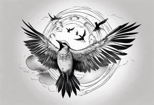 shoulder tattoo with light rays with birds flying free among the clouds, round shape tattoo idea