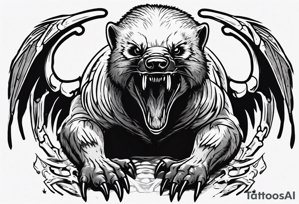 Angry, snarling, detailed forward-facing honey badger against the background of large wings made of bones tattoo idea