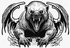 Angry, snarling, detailed forward-facing honey badger against the background of large wings made of bones tattoo idea