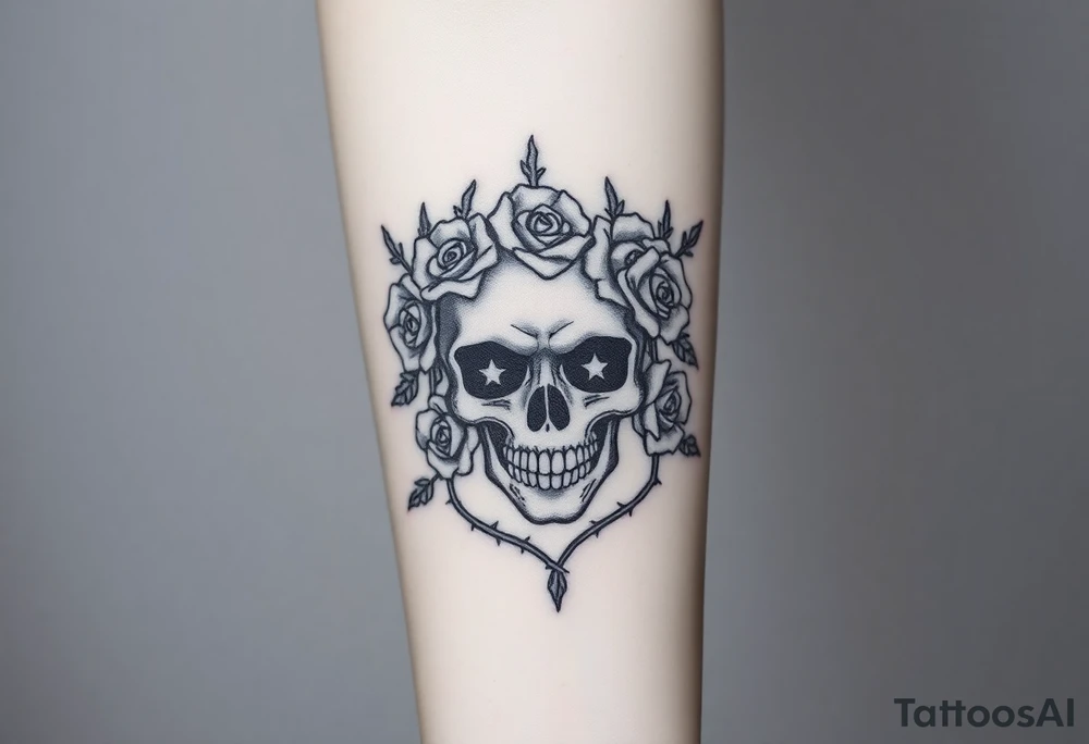 ornate skull adorned with crown of wild roses and thorns tattoo idea