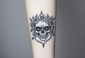 ornate skull adorned with crown of wild roses and thorns tattoo idea