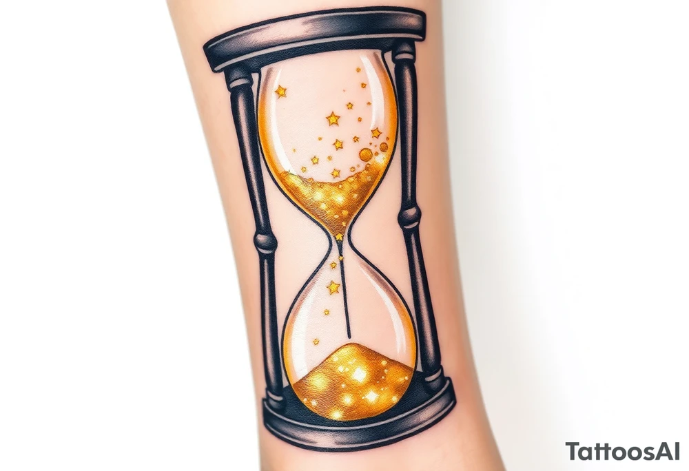 A golden hourglass where sand transforms into tiny stars, flowing down to mark the birth time, in shimmering gold and deep space black tattoo idea