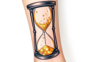 A golden hourglass where sand transforms into tiny stars, flowing down to mark the birth time, in shimmering gold and deep space black tattoo idea