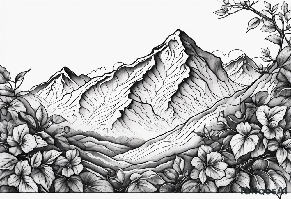 Vine branch long with mountains tattoo idea