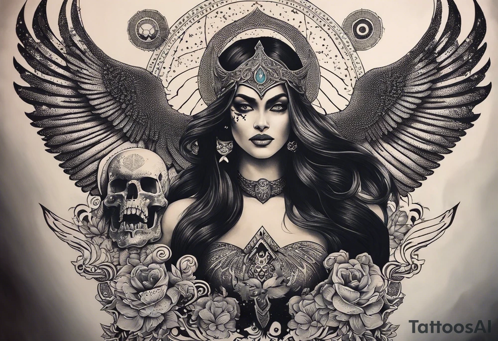 black kali, goddess pirate, alien, angel, pachamama, valkrye, warrior, flying, skull, lotus azul, wing, eagle, zenza resonance, stars, 5D, anahata chakra, death, durga, riding on a tiger, flying lady, chest tatoo tattoo idea