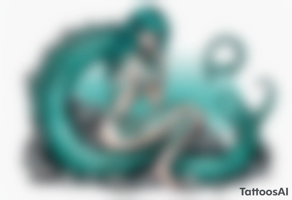 A sea serpent woman hybrid covered in turquois scales sitting on rocks by the ocean tattoo idea