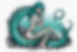 A sea serpent woman hybrid covered in turquois scales sitting on rocks by the ocean tattoo idea