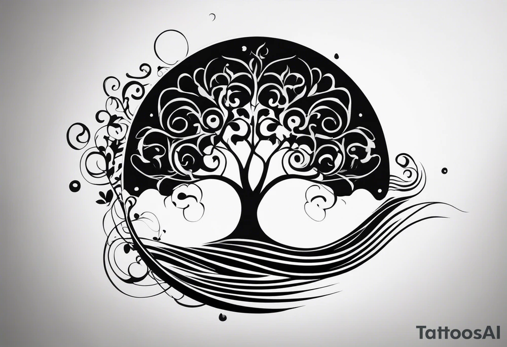 an abstract Tree of Life tattoo. It should have roots growing out of the bottom. The roots slowly turn into water from the Great Wave by Hokusai. A golf flag should be placed discreetly growing out of the ground. 2 license plate tags should be hanging from the tree. Place a few music notes in the areas the leaves should be. The letters A U should be engraved into the tree trunk in a heart. tattoo idea