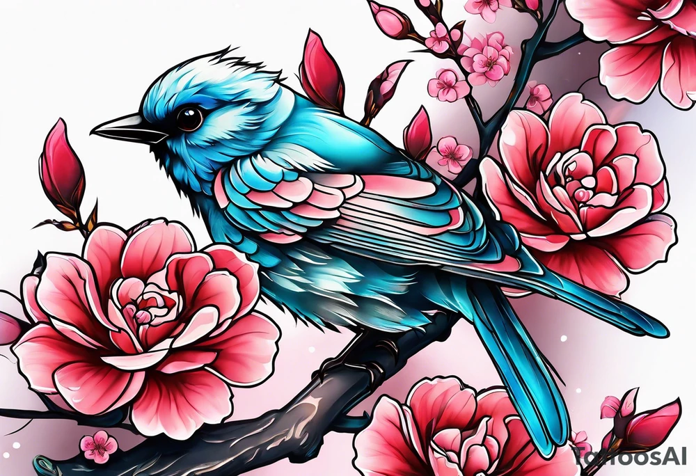 Memorial tattoo Japanese cherry blossom with birds, butterflies and rose on the forearm tattoo idea