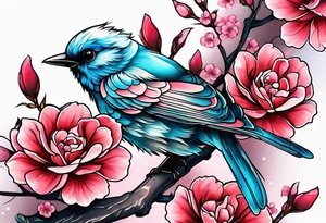 Memorial tattoo Japanese cherry blossom with birds, butterflies and rose on the forearm tattoo idea