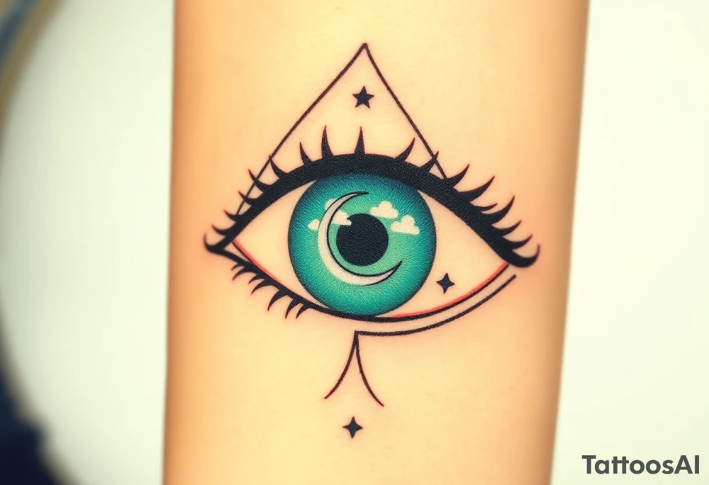 Large outline of a greenish blue eye shaped like an almond with eyeball in the shape of a spade symbol and long pretty black eyelashes + a crescent moon stars and clouds inside of the eyeball only + using vivid colors like blue green purple light blue light green light purple tattoo idea