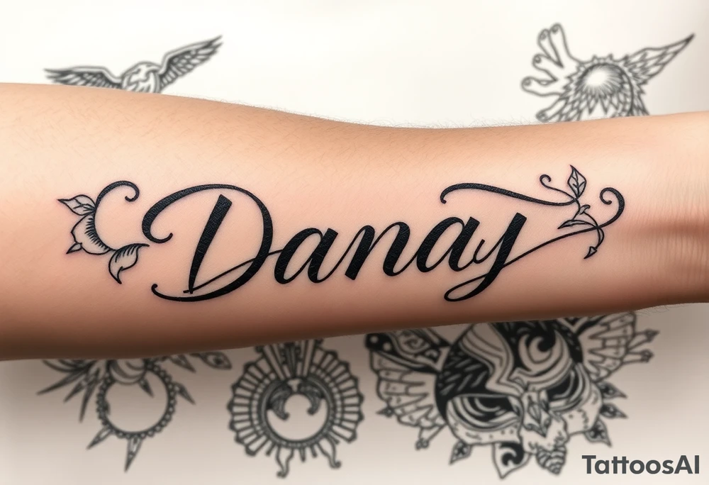 the name Danay, with a background other cool designs that fills up the whole forearm tattoo idea