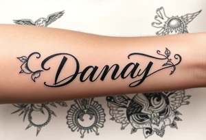 the name Danay, with a background other cool designs that fills up the whole forearm tattoo idea