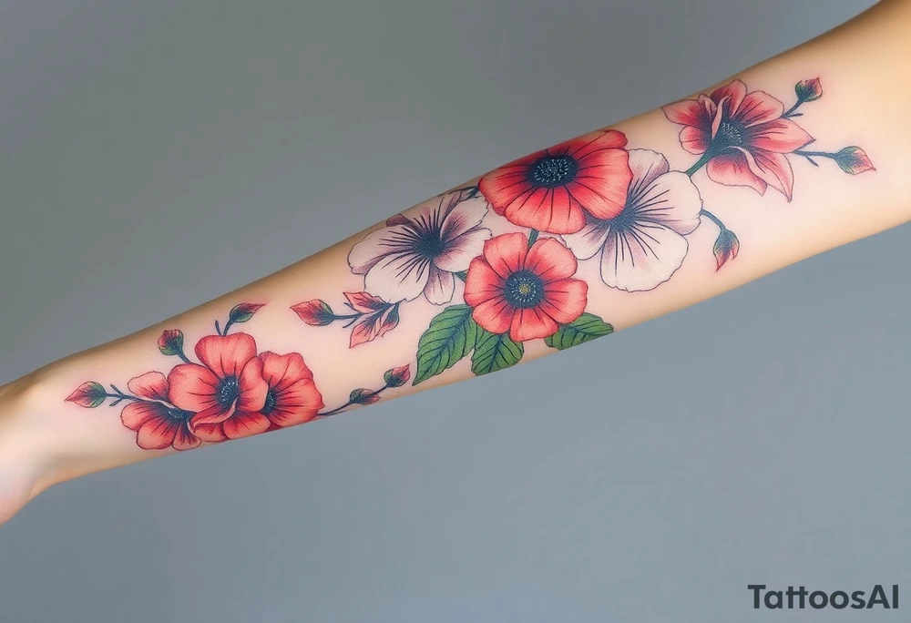 Fore arm tattoo in the neo american traditional style. I want to incorporate a few different flowers: Poppies, Morning Glory, Narcissus with green leaves in the background tattoo idea