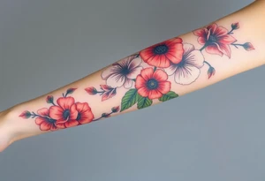 Fore arm tattoo in the neo american traditional style. I want to incorporate a few different flowers: Poppies, Morning Glory, Narcissus with green leaves in the background tattoo idea