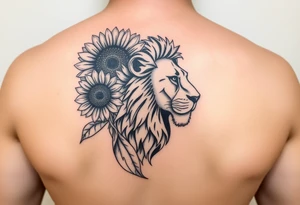 sunflower or multiple sunflowers and lion head profile tattoo idea