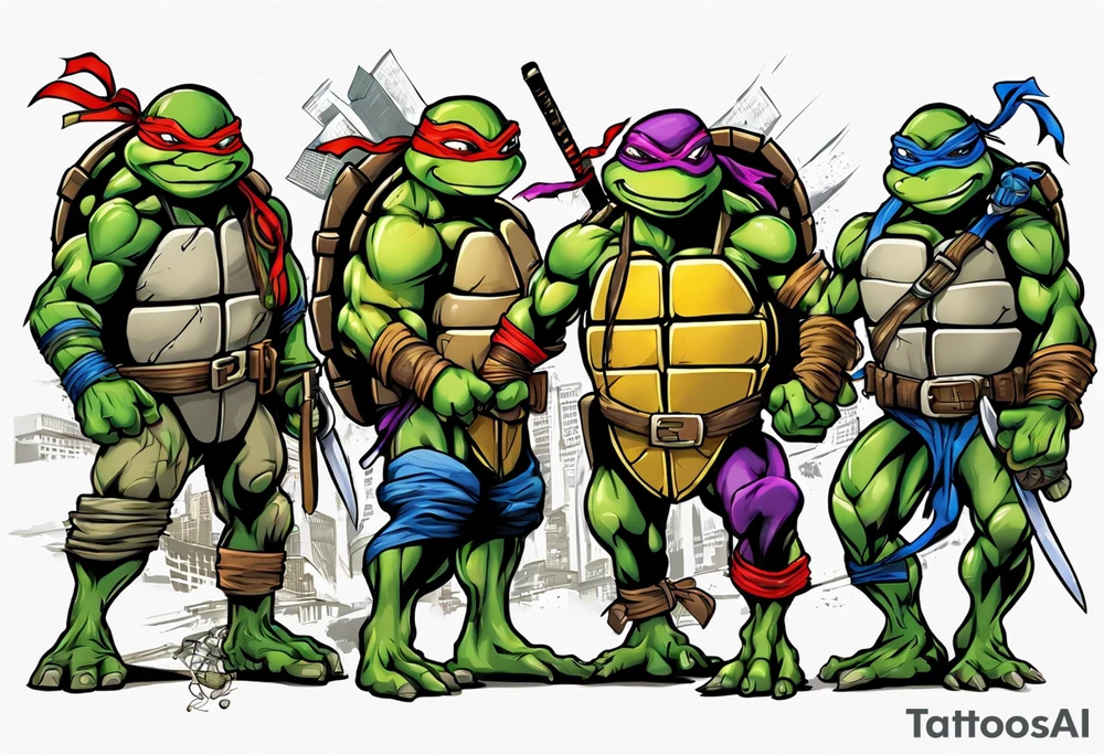 all four teenage mutant ninja turtles fighting enemies in a cityscape tattoo idea