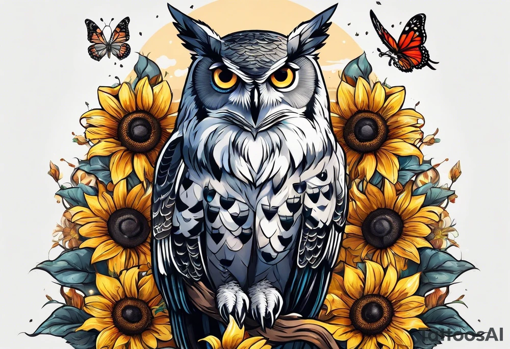 Arm sleeve with an owl and butterfly surrounded by sunflowers tattoo idea
