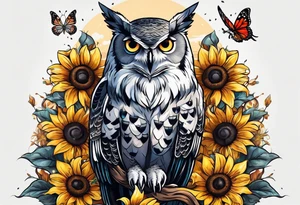 Arm sleeve with an owl and butterfly surrounded by sunflowers tattoo idea