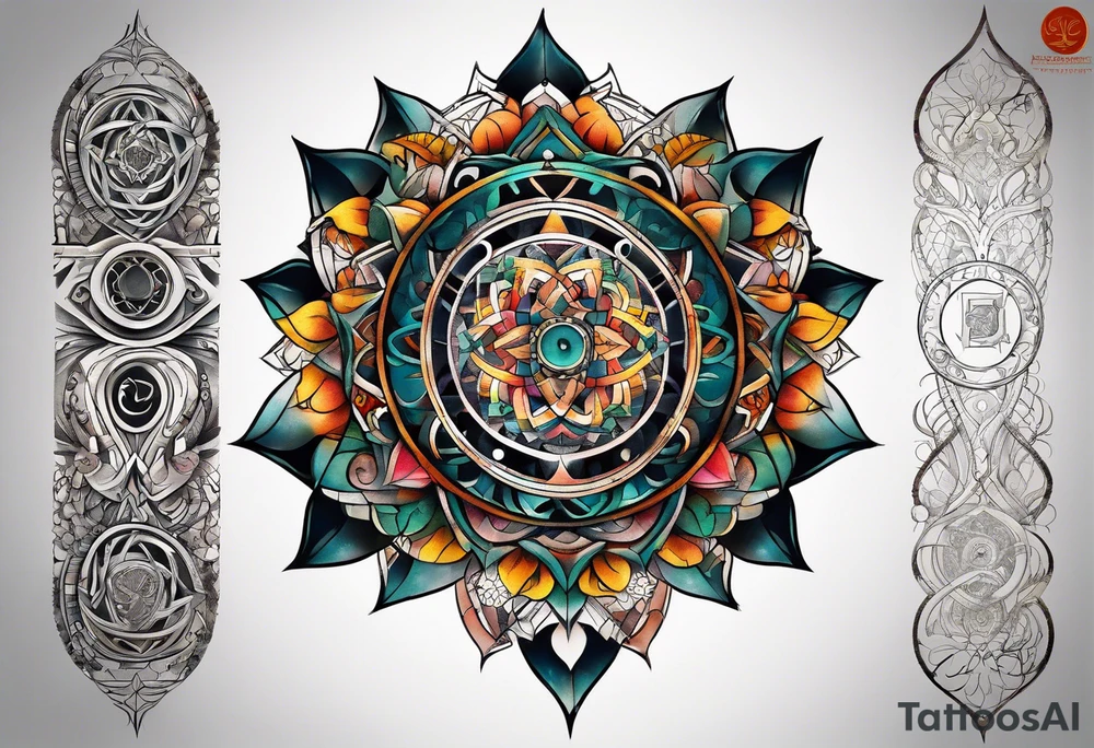 front knee tattoo with sacred geometry, swirls & washes, background and in fall colors tattoo idea
