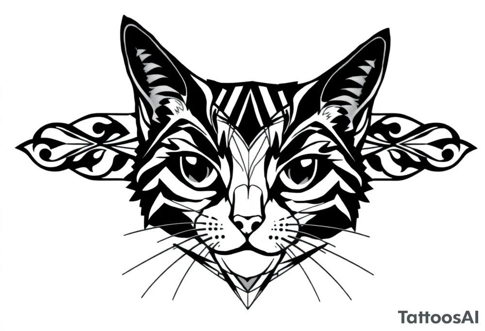 Female black cat head with geometric boarder tattoo idea