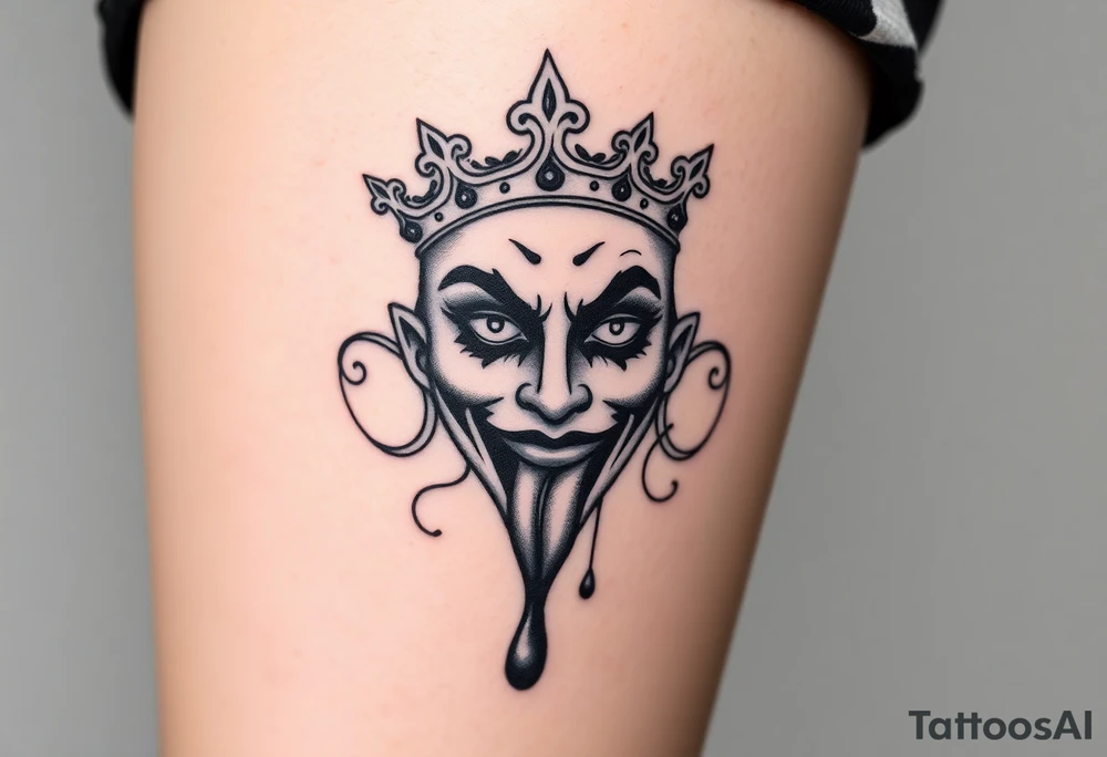 Candy new age joker face with crown of spades with mouth dripping tattoo idea