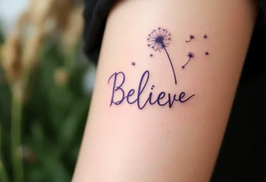 The word "Believe" in soft lavender, with a dandelion gently blowing in the wind, representing wishes and hope for the future. tattoo idea