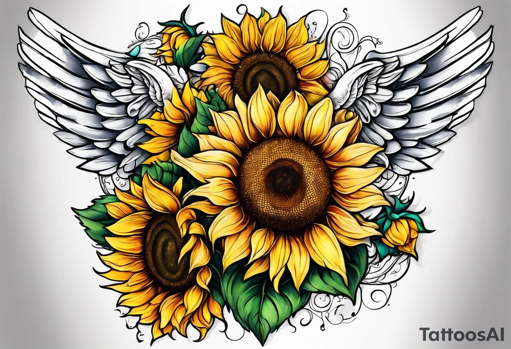 Sunflowers and angel wings leg sleeve tattoo idea