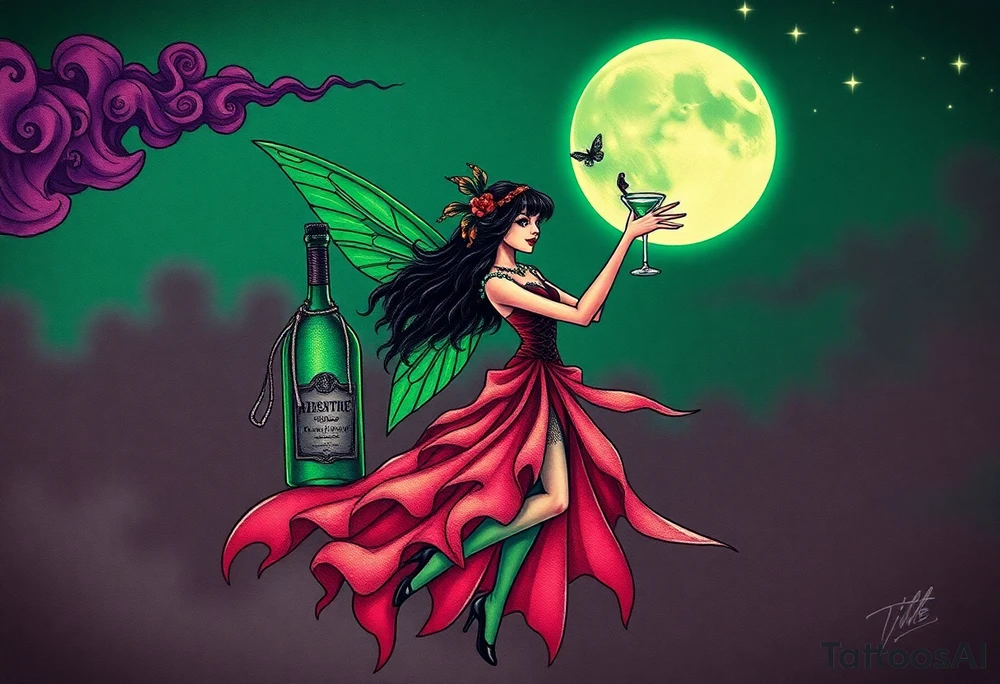 Tim Burton’s pin up style Vintage Parisian elegant and hauntingly beautiful yet eerie full body absinthe Green Fairy dances outside her victorian crystal decatur absinthe bottle Absinthe Art Nouveau   and dripping with muted reds, dusty pinks, and eerie green glow.purple and cyan smokey clouds swirl in the crescent moonlit sky thats sprinkled with stars tattoo idea