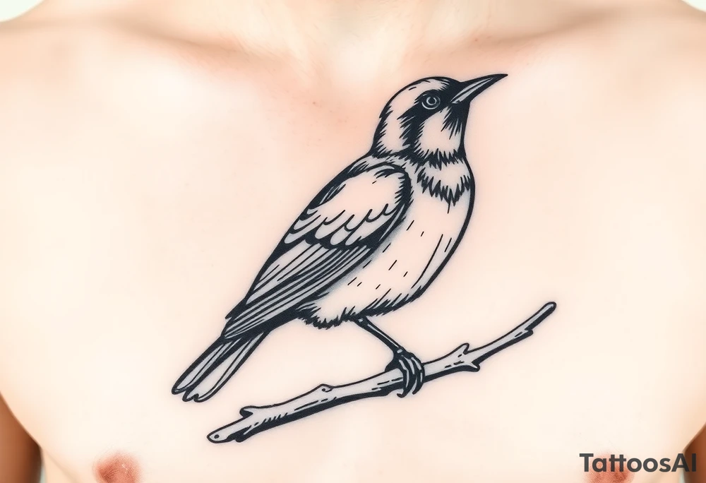 european blackbird male sitting on a branch tattoo idea