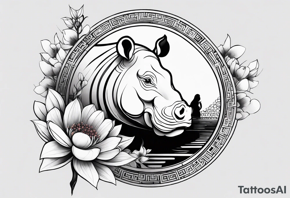Very asymmetrical, +geometric pattern, with realistic full moon, with hippo, +zen feel, + Buddhism touch, +tribal, +geometric, +inkart 
with wintersweet flower bud, +portrait orientation, +inkart touch, tattoo idea