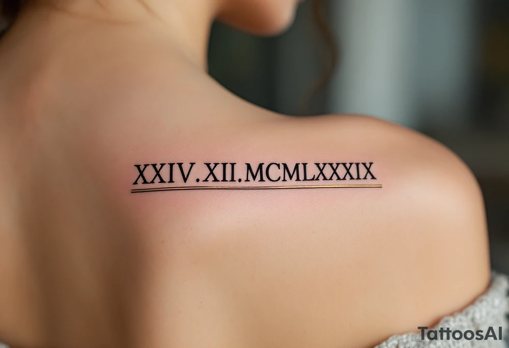 classic XXIV.XII.MCMLXXXIX across the back in solid black with gold accent lines running underneath. tattoo idea