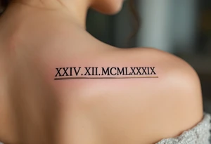 classic XXIV.XII.MCMLXXXIX across the back in solid black with gold accent lines running underneath. tattoo idea