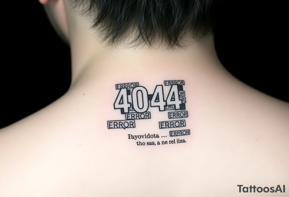 "Black square tattoo (5x5cm) filled with glitching '404 ERROR' messages. Tiny text in corner: 'Свобода — это баг, а не фича'.  

Style: Digital decay effect. Placement: Lower back." tattoo idea