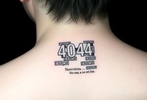 "Black square tattoo (5x5cm) filled with glitching '404 ERROR' messages. Tiny text in corner: 'Свобода — это баг, а не фича'.  

Style: Digital decay effect. Placement: Lower back." tattoo idea