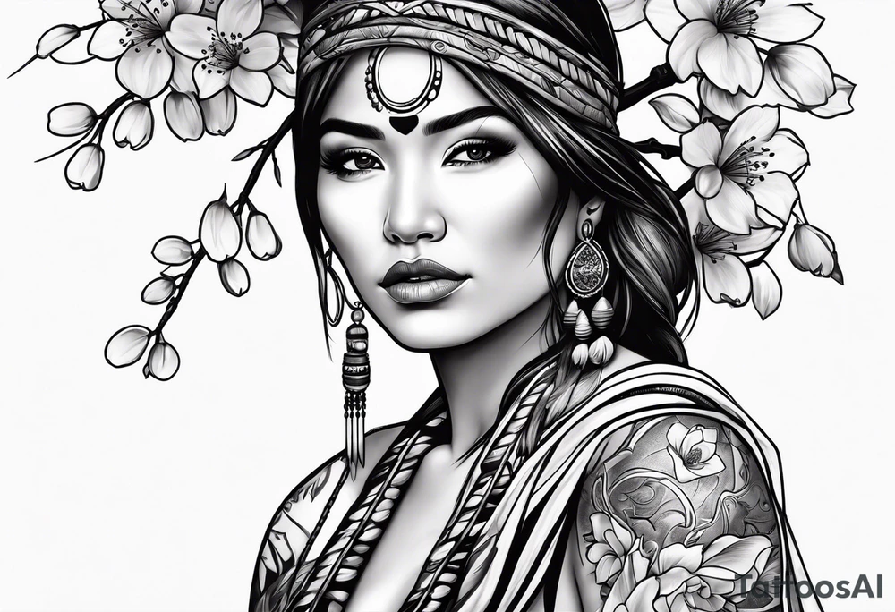 Native American woman wrapped by cherry blossom tree tattoo idea Native American woman wrapped by cherry blossom tree tattoo idea