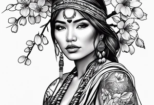 Native American woman wrapped by cherry blossom tree tattoo idea