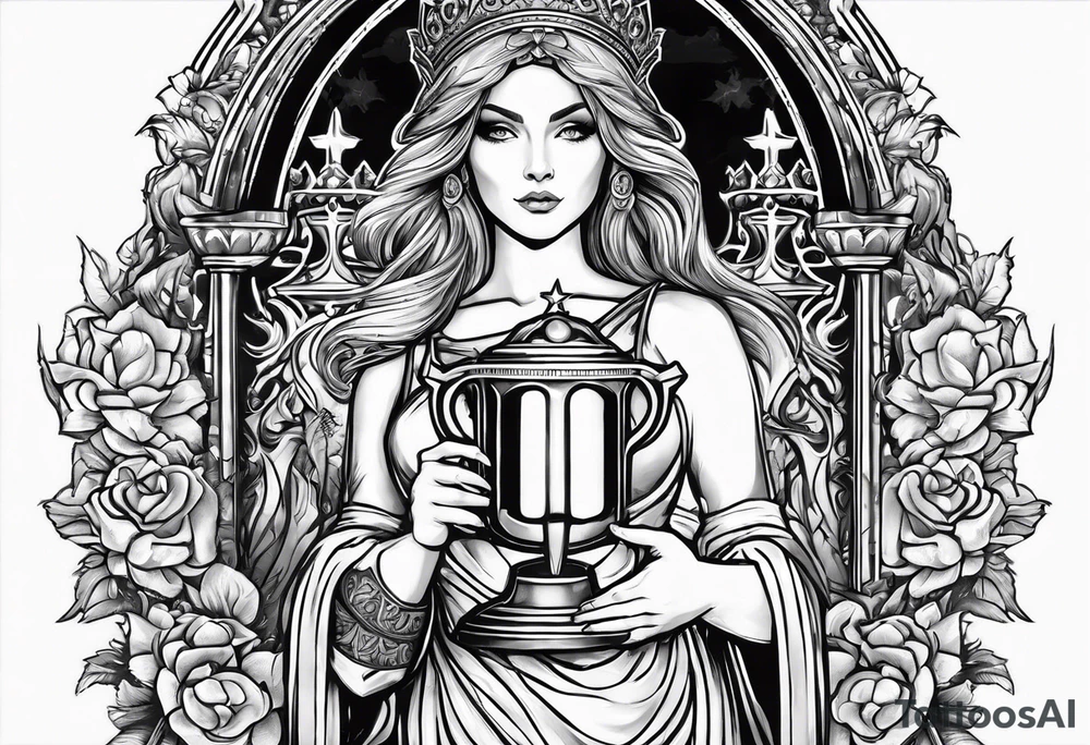 Saint Barbara holding a chalice with cannons behind her tattoo idea