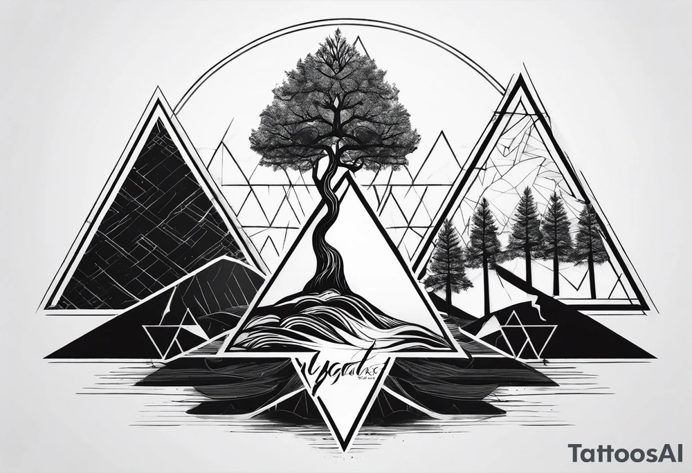 minimalistic Yggdrasil tree with 3 triangles set behind it tattoo idea minimalistic Yggdrasil tree with 3 triangles set behind it tattoo idea
