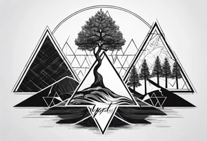 minimalistic Yggdrasil tree with 3 triangles set behind it tattoo idea